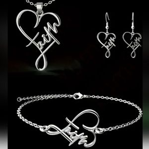 Silver Faith Heart Earrings, Necklace, and Bracelet Set